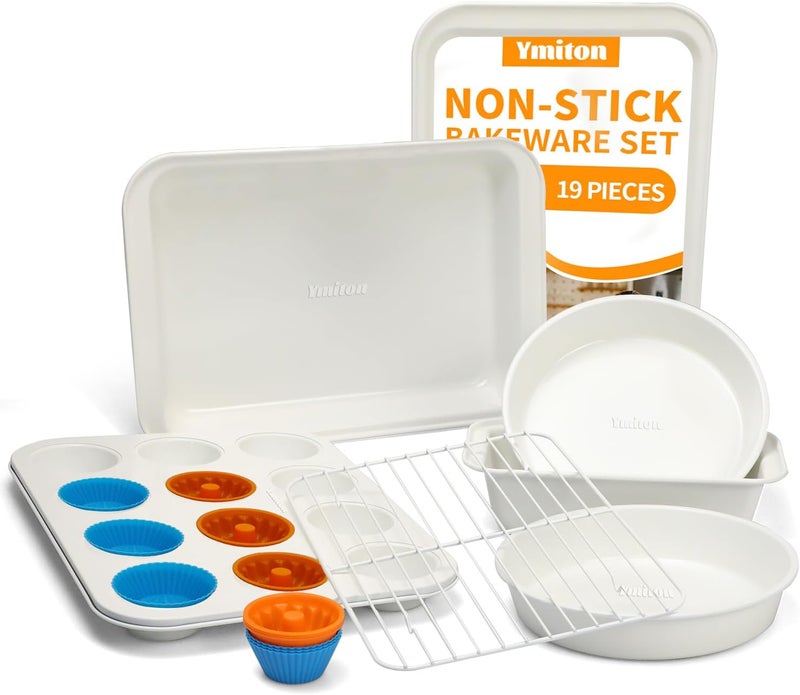 Ymiton Nonstick Baking Pans Set, 19 PCS Stackable Bakeware Sets, Oven Pan Set Includes Baking Tray, Cookie Sheet, Cake Pans, Loaf Pan, Muffin Pan, Silicone Cups - Image 1
